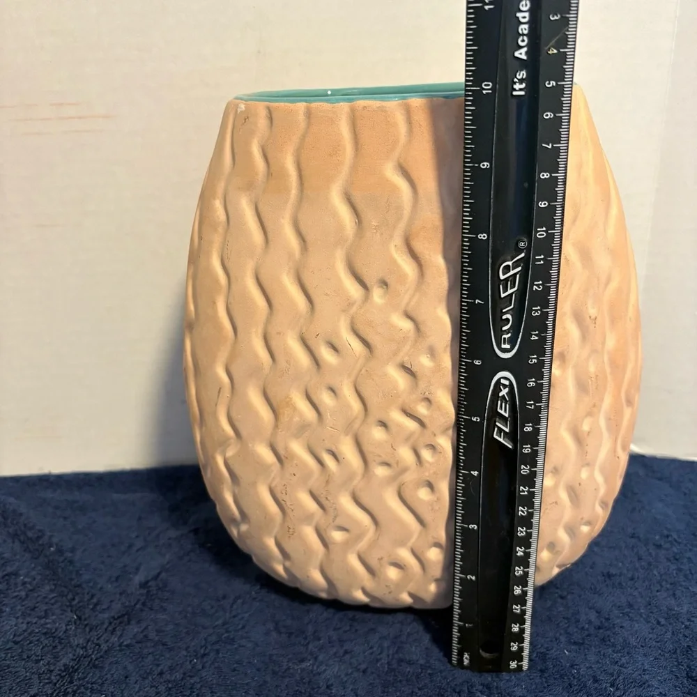 Haeger 10” Terra Madre MCM Large Vase Unglazed Textured Surface w/ Teal Interior
